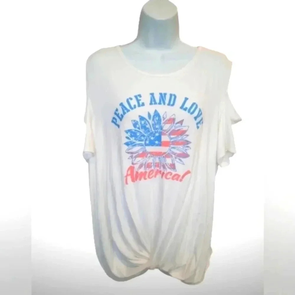 Peace & Love American Flag Cold Shoulder Top Boho Patriotic 1X Plus Festival USA